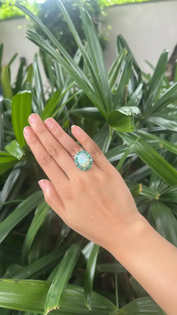 18k White Gold Diamond Ring - Natural Ethiopian Opal & Zambian Emerald Cocktail Ring