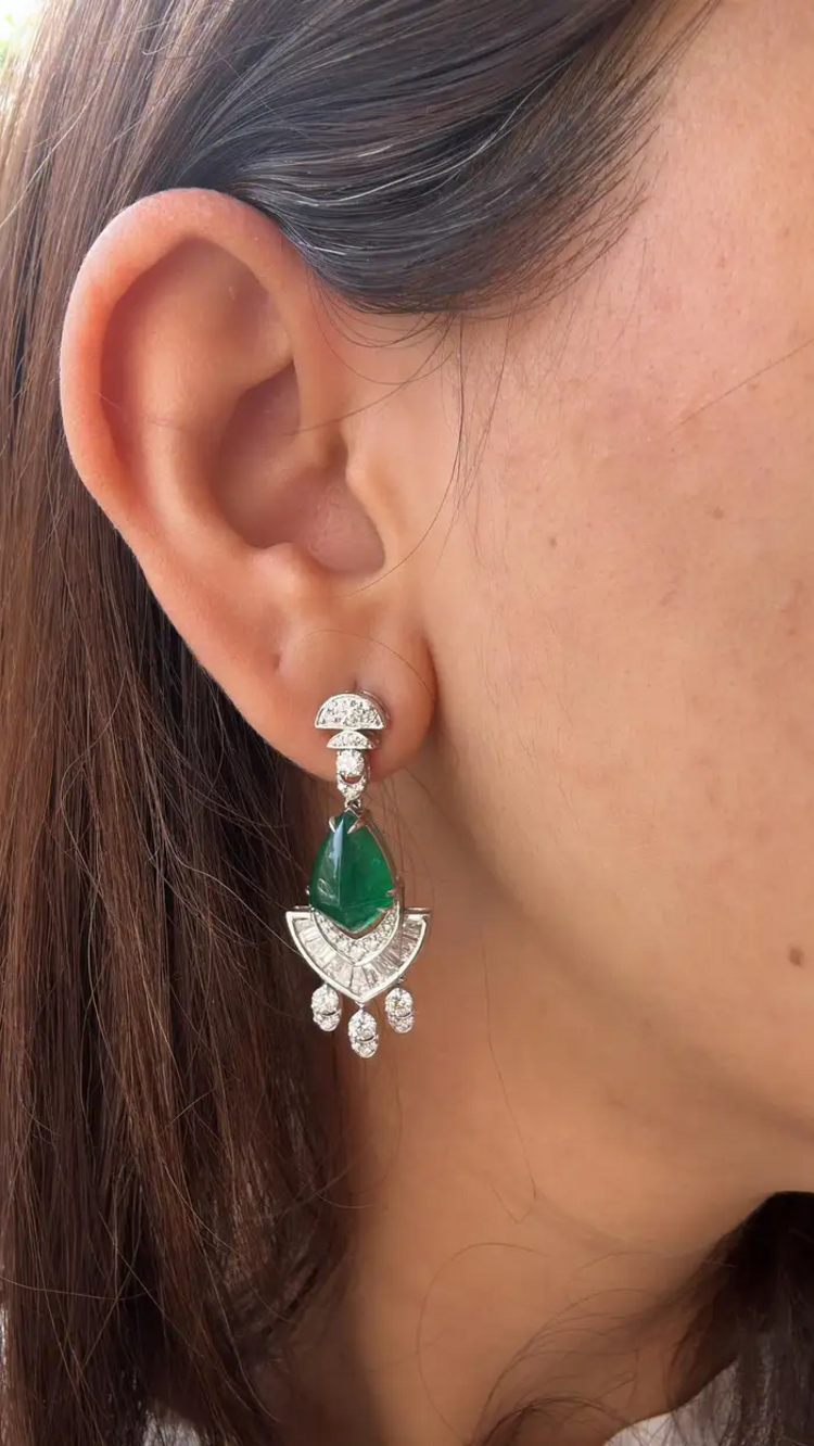18k White Gold Handmade Dangle Earrings - Natural Zambian Emerald & Diamond Women Earrings