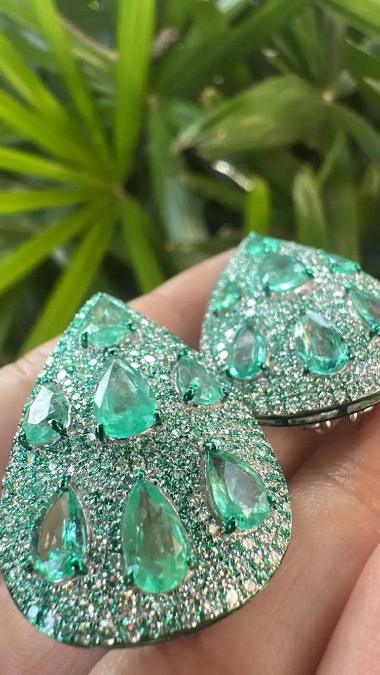 Natural Zambian Emerald & Diamond Pear Shape Earrings - 18k White Gold Earrings With Green Rhodium