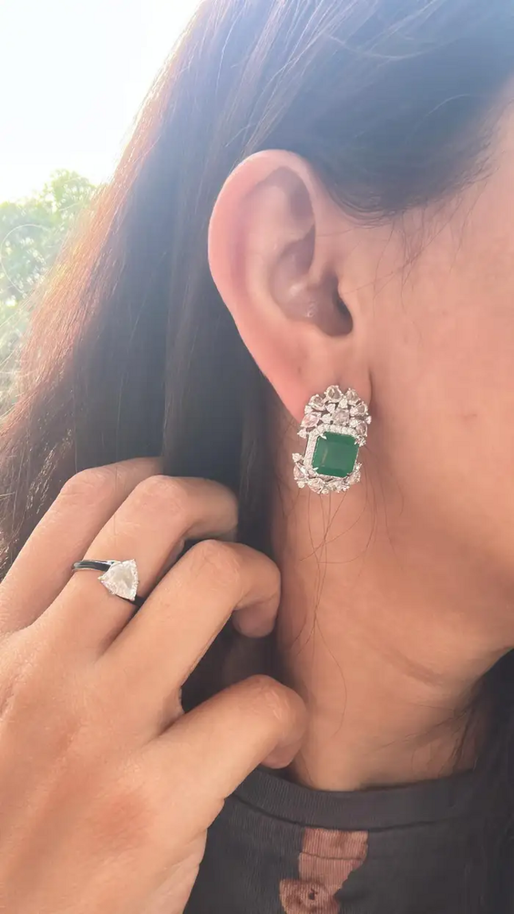 18k White Gold Handmade Minimalist Earrings - Natural Zambian Emerald Diamond Tiny Stud Earrings