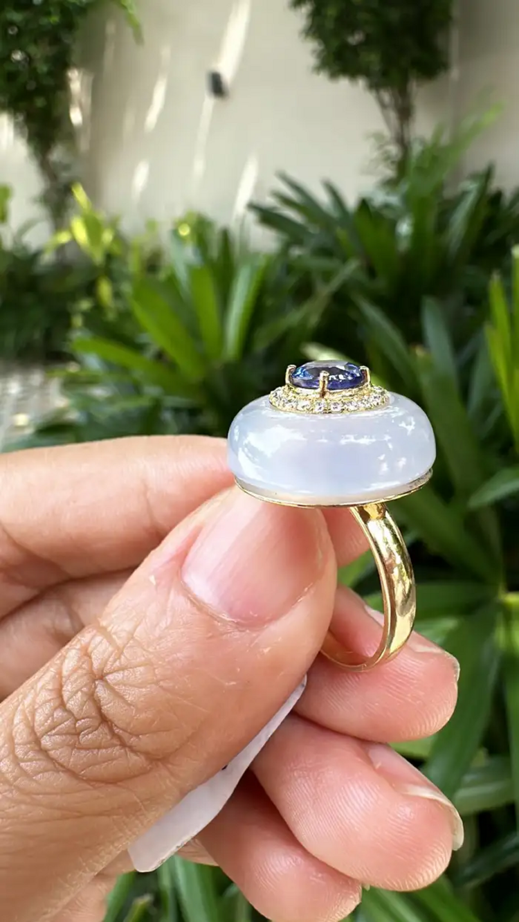 Natural Tanzanite & Chalcedony Gold Ring - 18k Yellow Gold Diamond Cocktail Ring