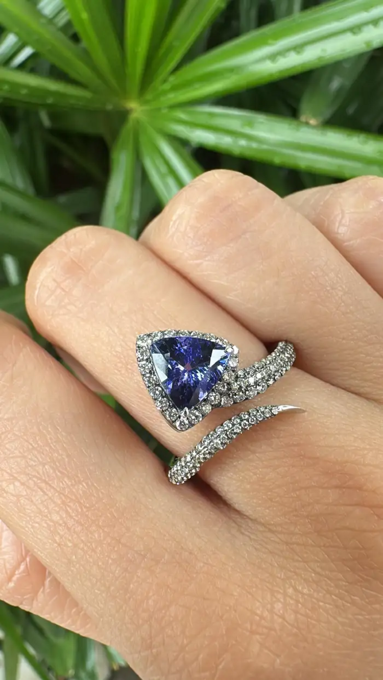 1.58 Ct. Trillion Shape Tanzanite Wrap Ring - 18k White Gold Diamond Handmade Ring