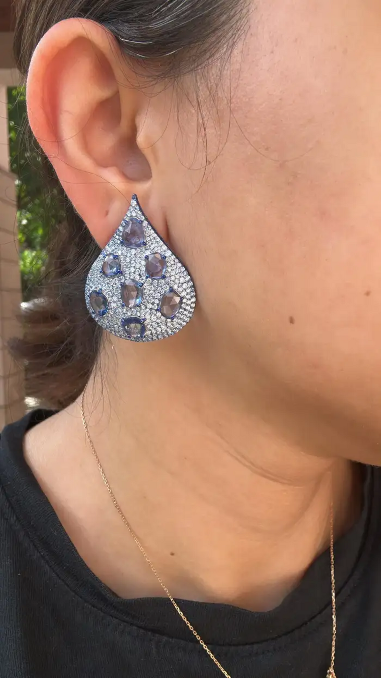 18k White Gold Diamond Earrings With Blue Rhodium - Natural Blue Sapphire Gemstone Earrings