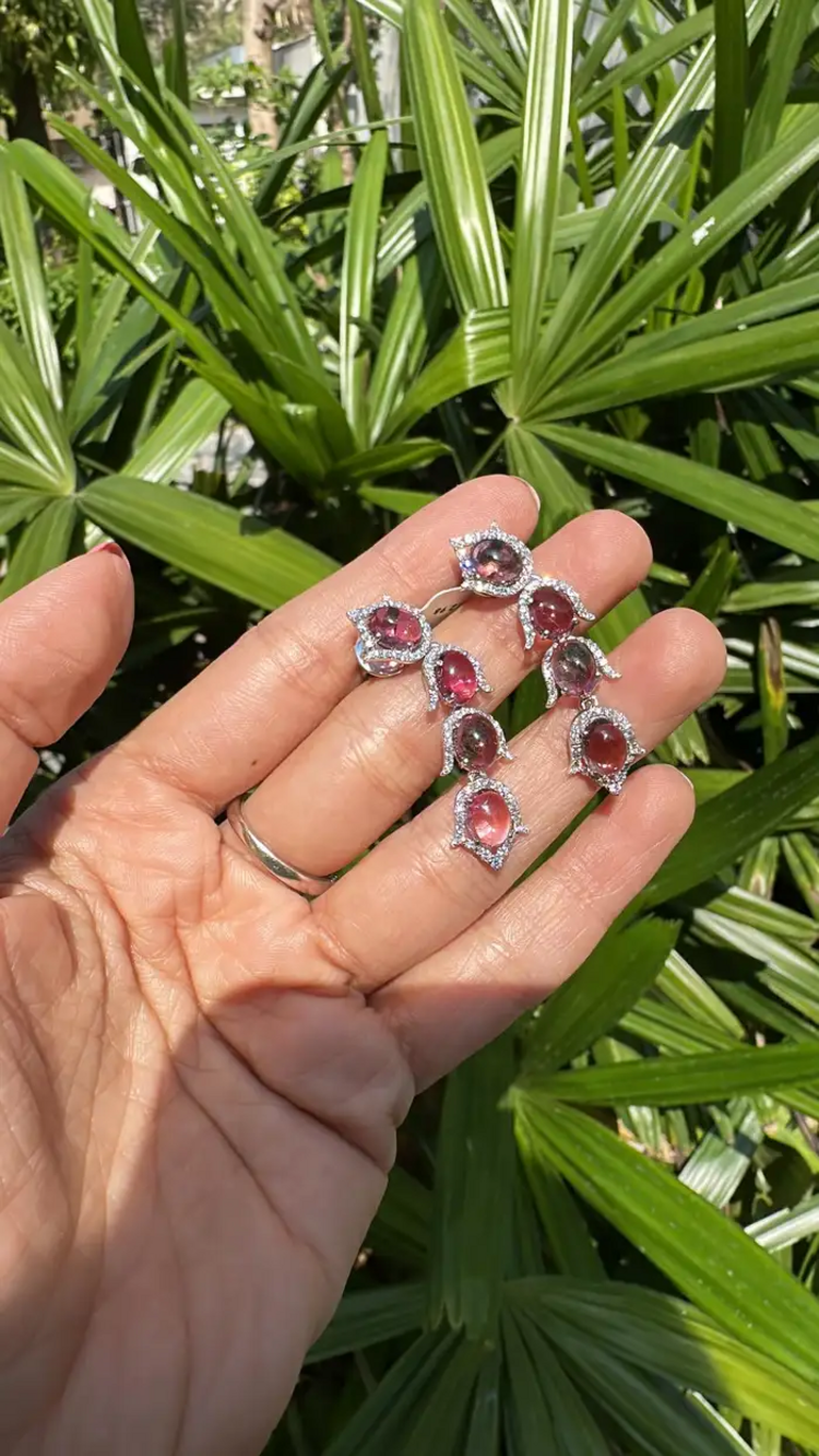 Natural Rubellite Gemstone Dangle Earrings - 18k White Gold Diamond Earrings