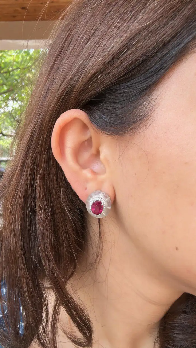 18k White Gold Diamond Stud Earrings - Natural Rubellite & Rock Crystal Earrings
