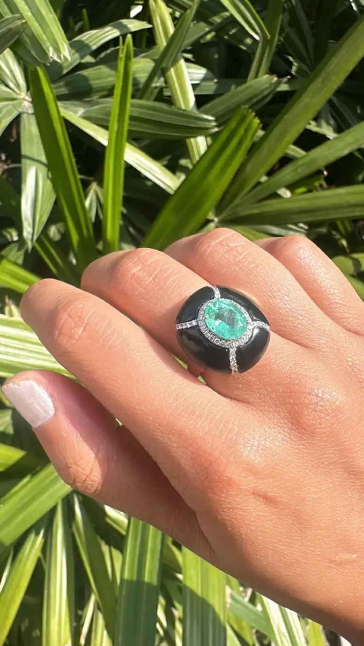 18k White Gold Diamond Cocktail Ring - Natural Colombian Emerald & Black Onyx Statement Ring