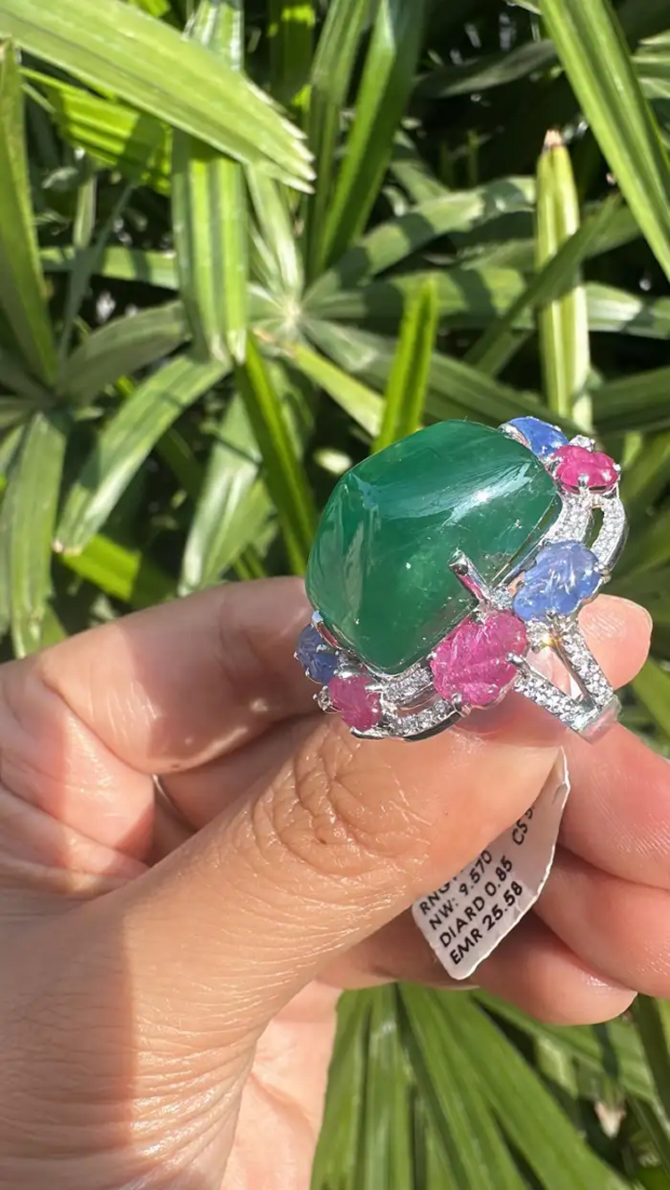 Natural Sugarloaf Emerald & Diamond Ring - 18k White Gold Cocktail Ring - Carved Blue Sapphire & Ruby Wedding Ring