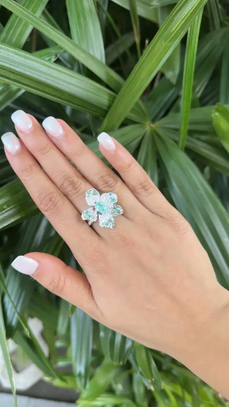18k White Gold Diamond Cocktail Ring - Natural Paraiba Gemstone Wedding Ring