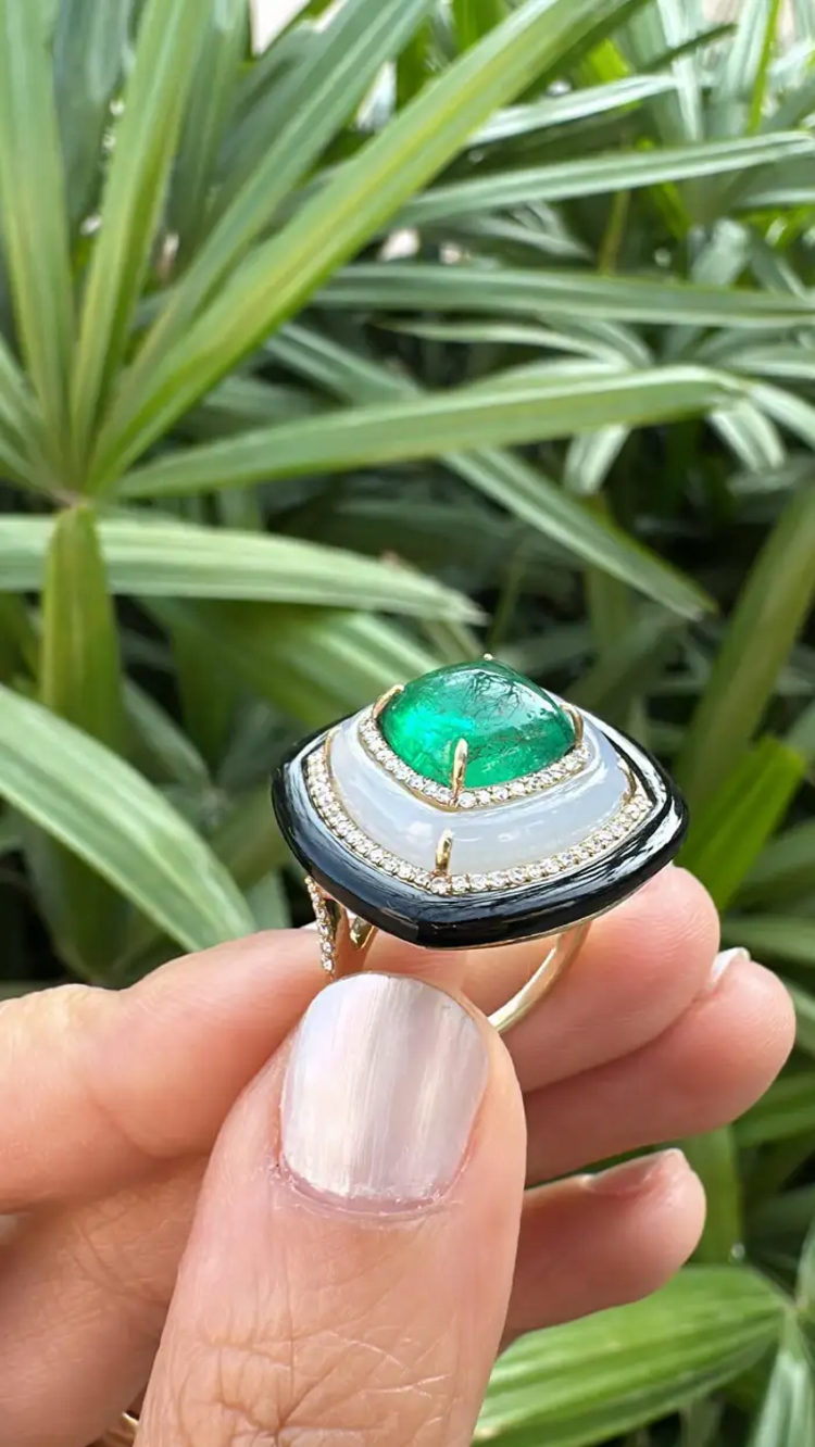 18K Yellow Gold Emerald Ring with Chalcedony, Black Onyx & Diamond Accents – Luxury Statement Jewelry