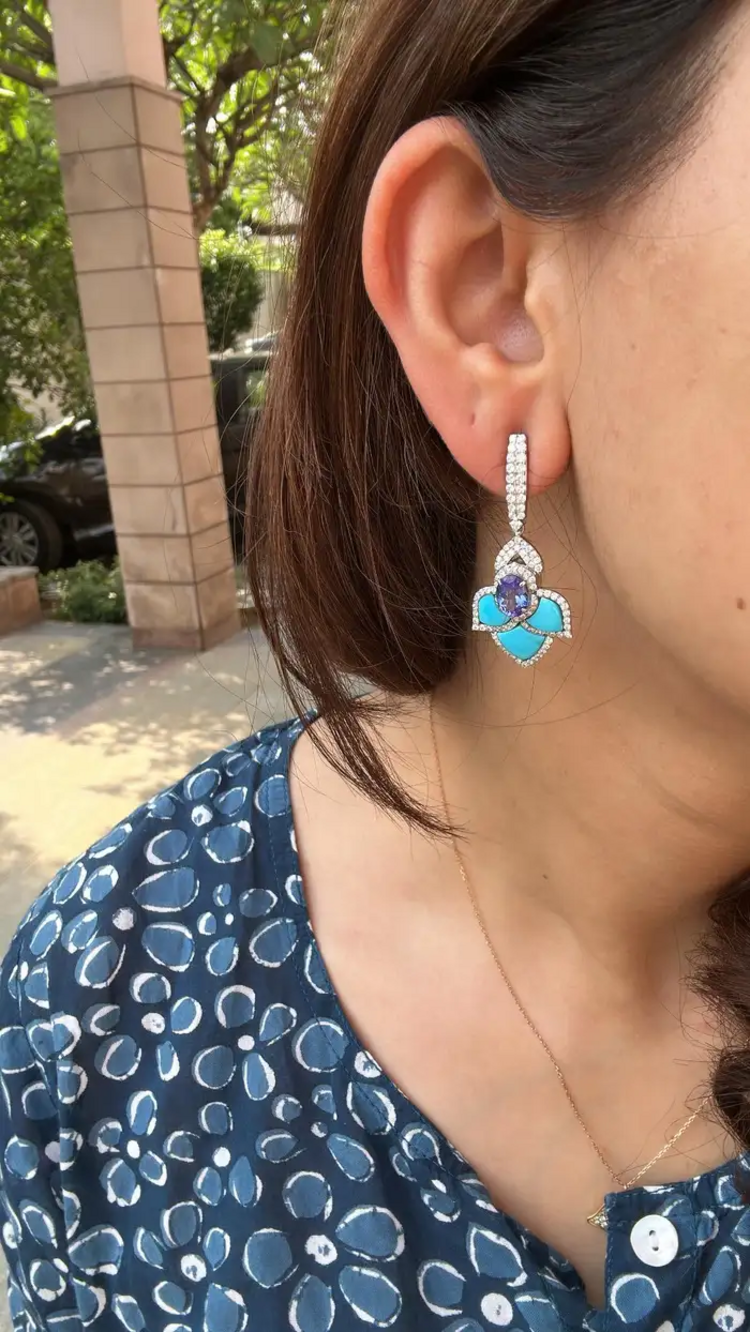 18k White Gold Turquoise & Tanzanite Dangle Earrings - Natural Diamond Earrings