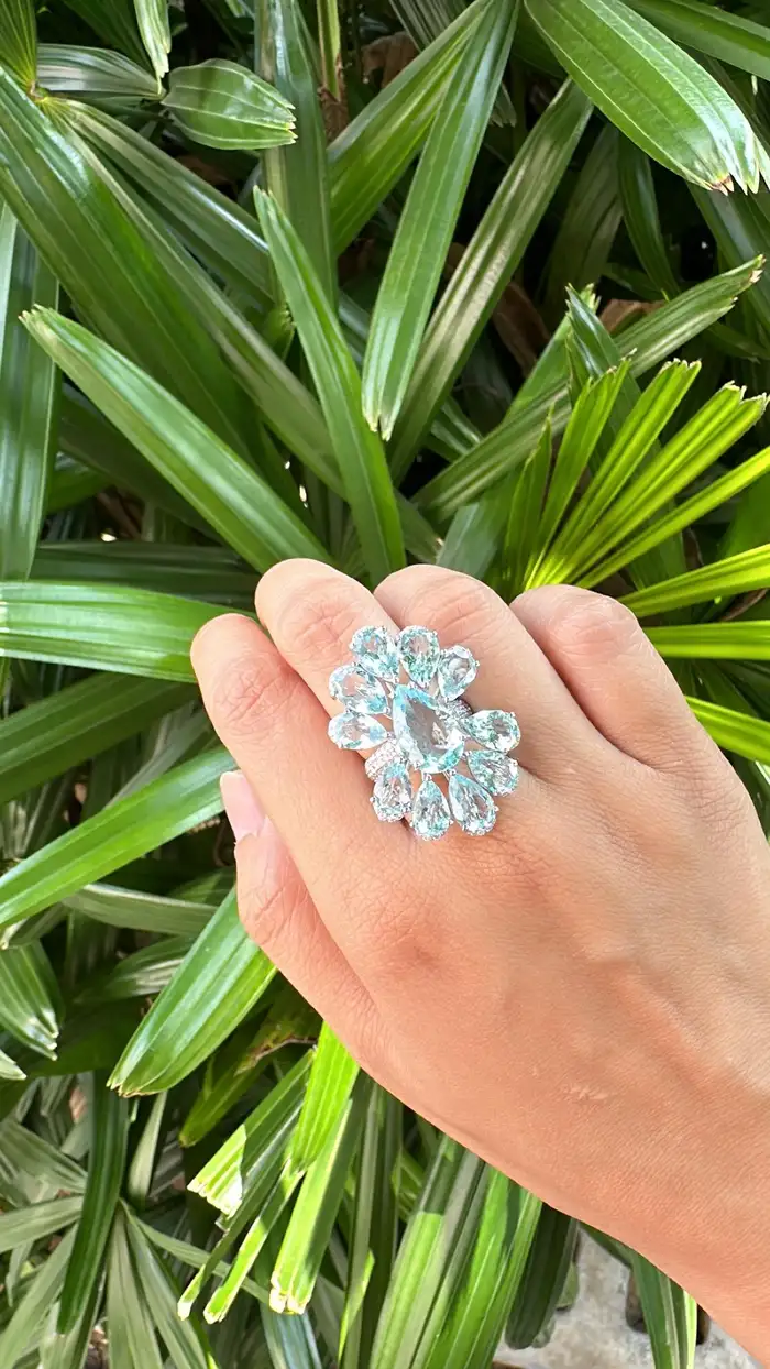 Set in 18K White Gold, 16.20 carats Aquamarine & Diamond oversized Cocktail Ring