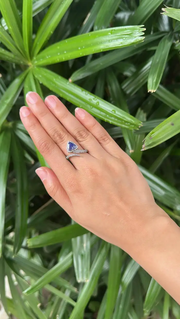 1.58 Ct. Trillion Shape Tanzanite Wrap Ring - 18k White Gold Diamond Handmade Ring