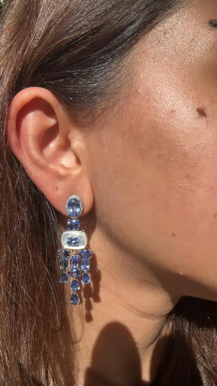 18k White Gold Diamond Handmade Earrings - Natural Blue Sapphire & Mother Of Pearl Chandelier Earrings