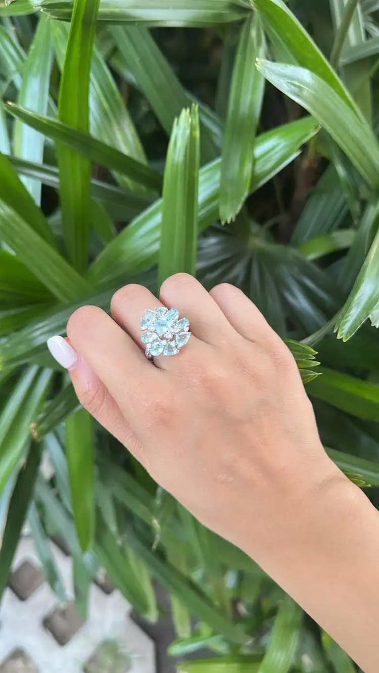 18k White Gold Diamond Wedding Ring - Natural Paraiba Gemstone Ring