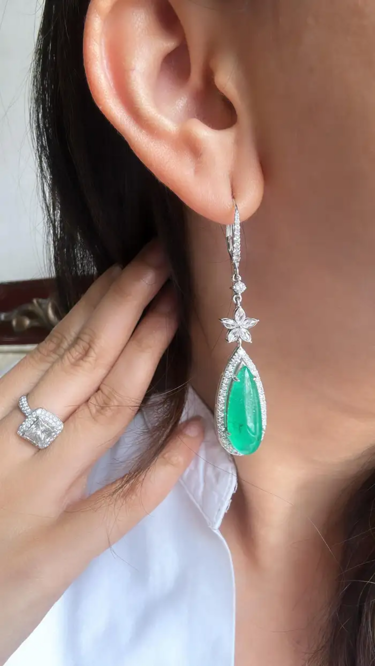 12.57 carats, Zambian Emeralds & Rose Cut Diamonds Chandelier Earrings