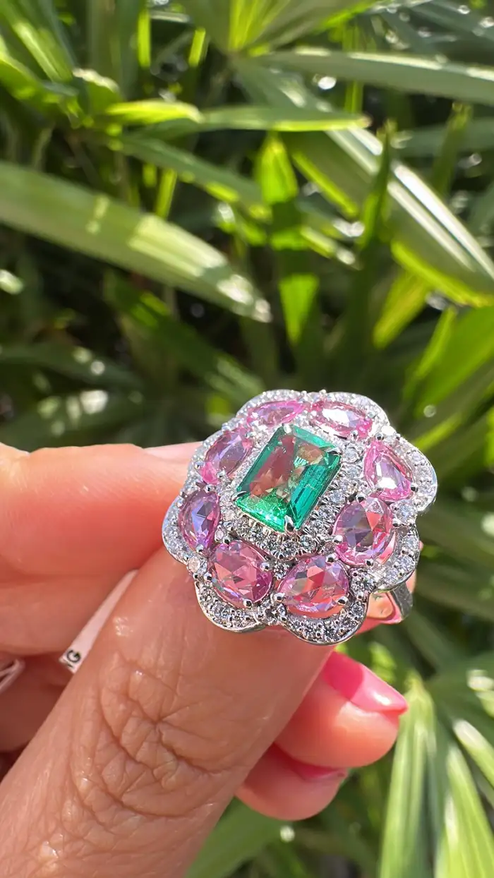 Natural Ceylon Pink Sapphire & Zambian Emerald Gemstone Gold Cocktail Ring - 18k White Gold Diamond Wedding Ring