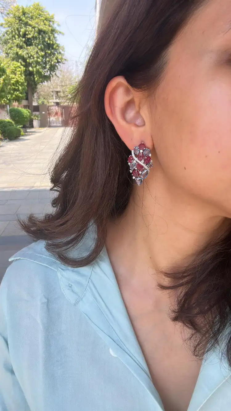 Natural Blue Sapphire & Diamond Earrings - 18k White Gold Carved Ruby Women Earrings