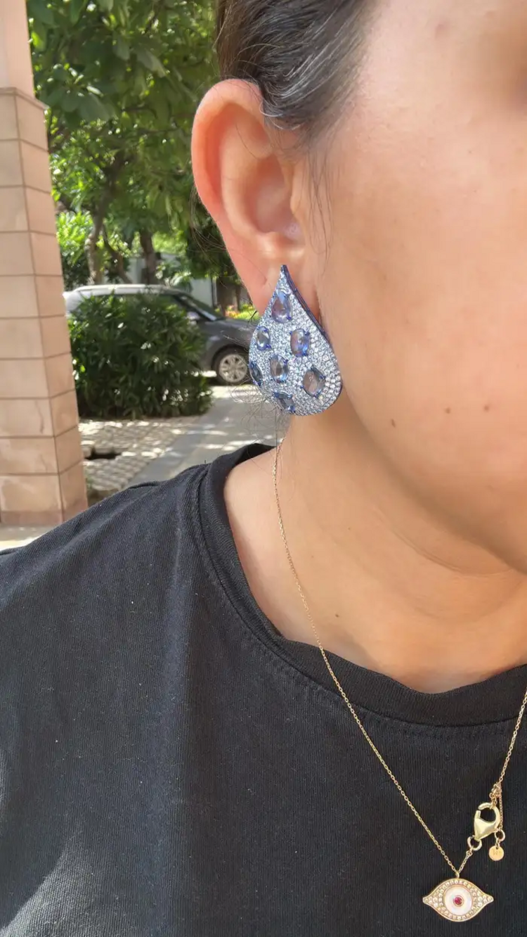 18k White Gold Diamond Earrings With Blue Rhodium - Natural Blue Sapphire Gemstone Earrings