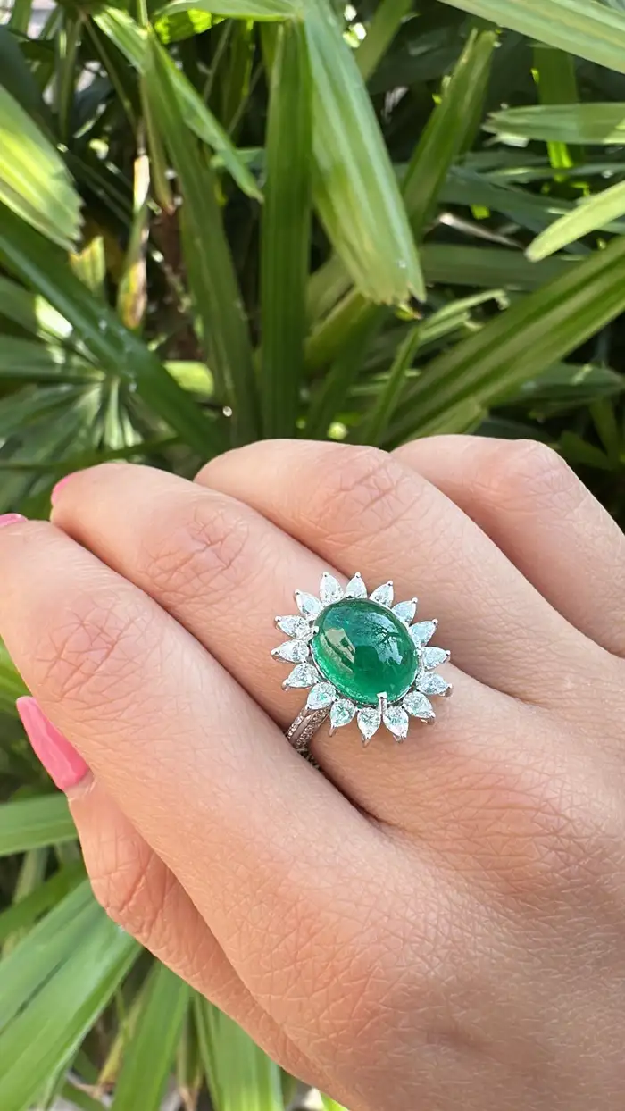 18k White Gold Handmade Diamond Ring - Natural Zambian Emerald Cocktail Ring