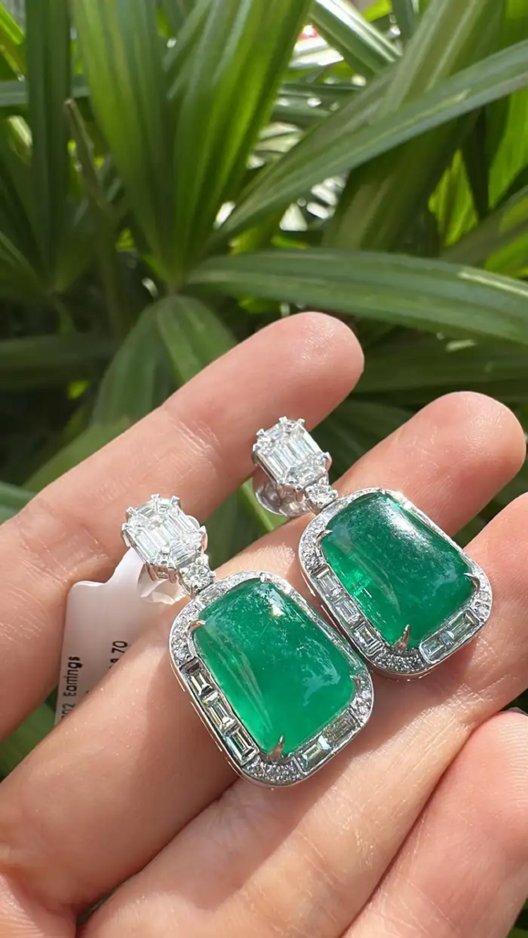 Emerald Cabochons & Diamonds Dangle Earrings - 18k White Gold Handmade Women Earrings