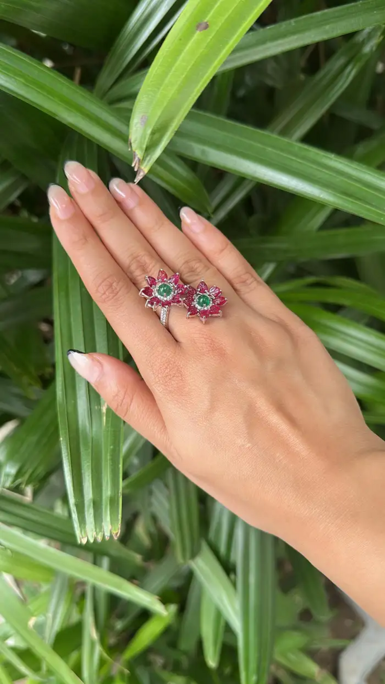 18k White Gold Diamond Toi et Moi Ring - Natural Ruby & Zambian Emerald Wrap Ring