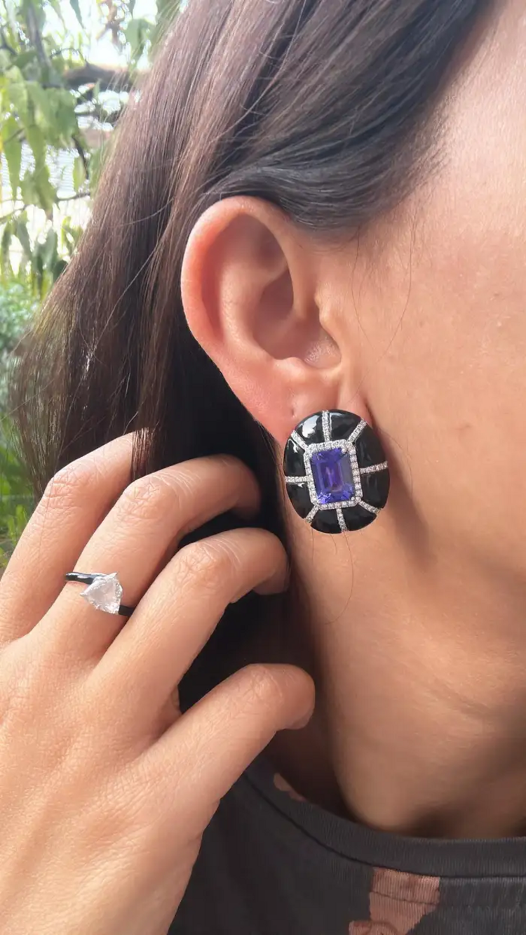9.24 Ct. Natural Tanzanite Stud Earrings - 18k White Gold Handmade Earrings - Gold Diamond Women Earrings - Black Onyx Earrings