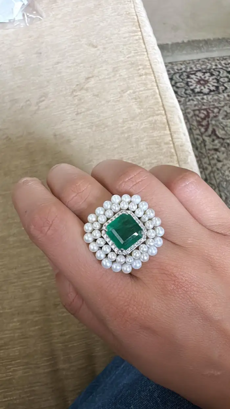 Natural Zambian Emerald & Diamond Wedding Ring - 18k White Gold Fresh Water Pearl Cocktail Ring