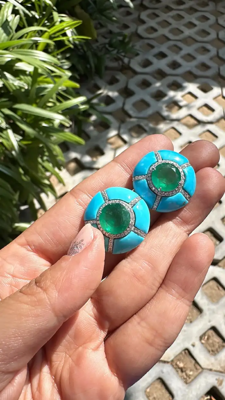 18k White Round Zambian Emerald Stud Earrings - Turquoise Gemstone & Diamond Women Jewelry