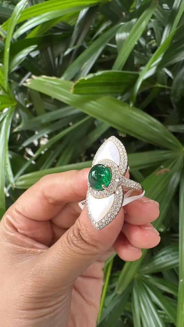 Natural Zambian Emerald & Mother Of Pearl Ring - 18k Yellow Gold Diamond Statement Ring