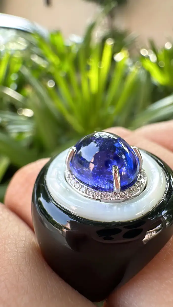 18k White Gold Ring - Natural Tanzanite & Mother Of Pearl Ring - Gold Diamond Cocktail Ring - Black Onyx Ring - Diamond Women Ring