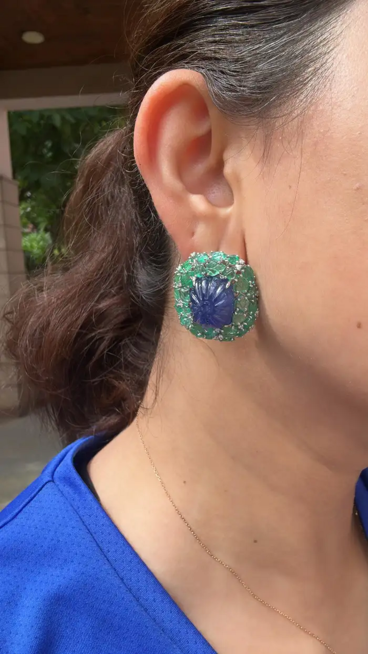 18k White Gold Diamond Stud Earrings - Hand Carved Tanzanite & Zambian Emerald Earrings
