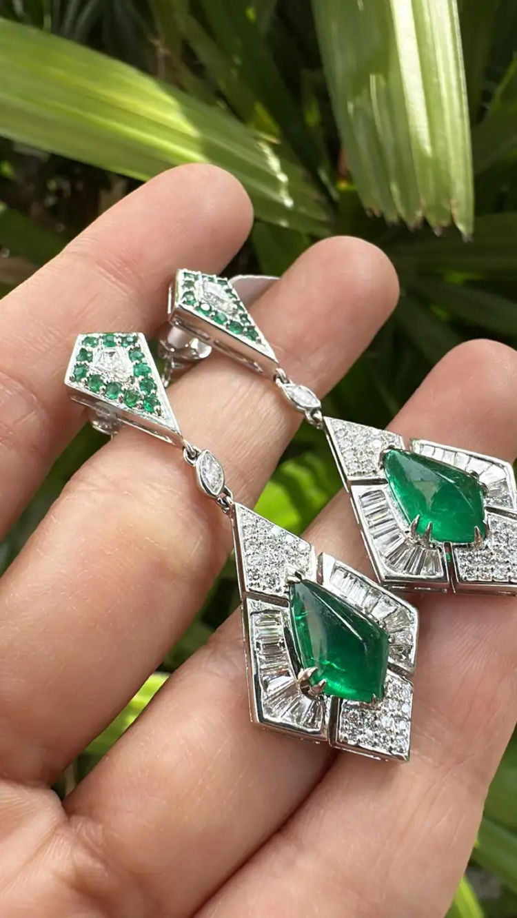 Natural Zambian Emerald Dangle Earrings - 18k White Gold Diamond Handmade Earrings