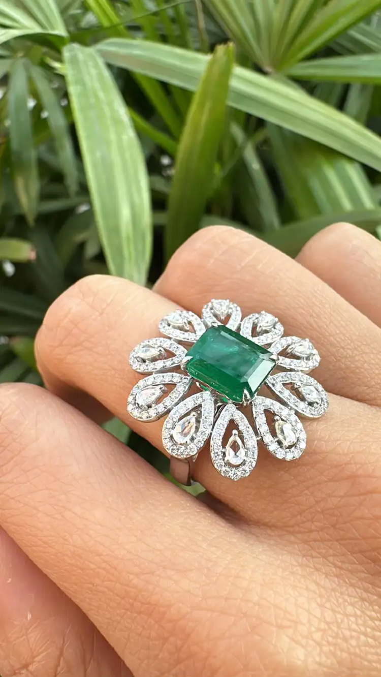 Solid 18k White Gold Diamond Floral Wedding Ring - Natural Zambian Emerald Statement Ring