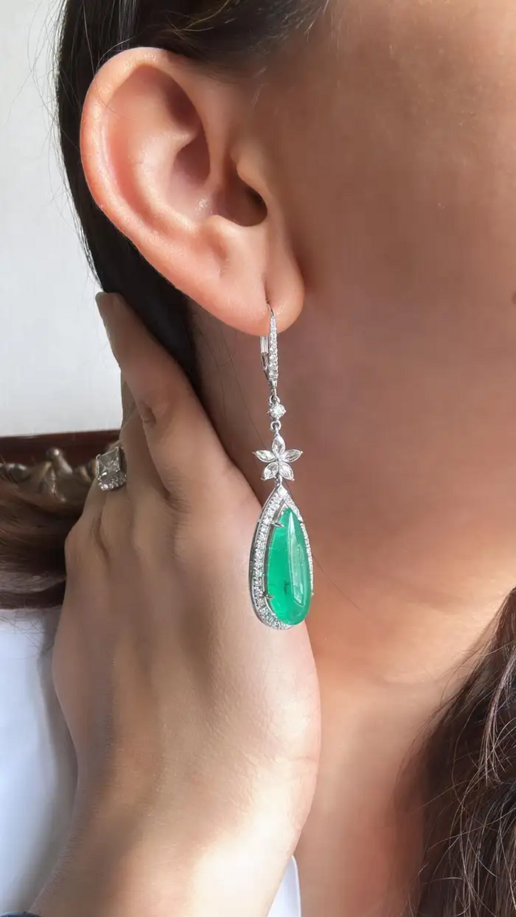 12.57 carats, Zambian Emeralds & Rose Cut Diamonds Chandelier Earrings
