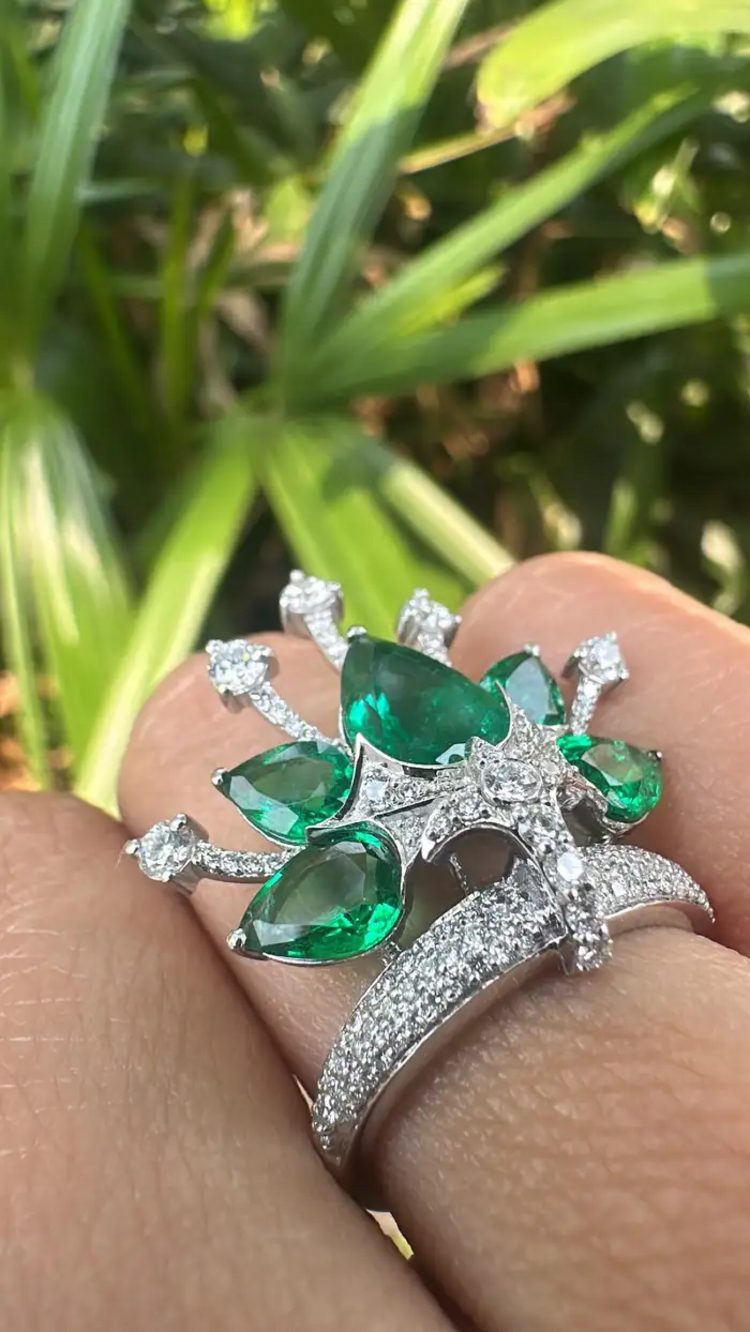 18k White Gold Diamond Crown Ring - Natural 3.80 Ct Zambian Emerald Wedding Ring