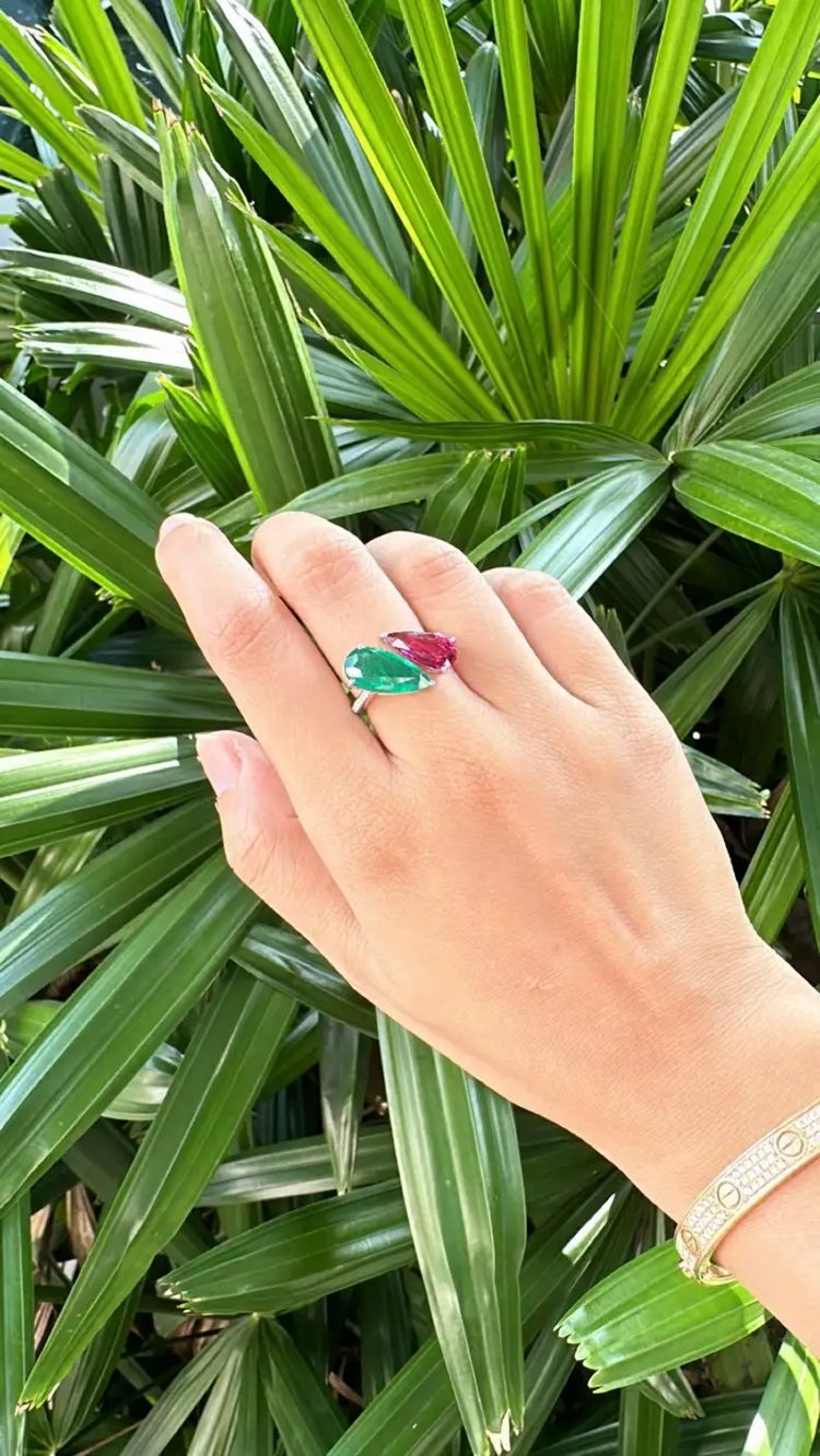18k White Gold Diamond Cuff Ring - Natural Rubellite & Zambian Emerald Women Ring