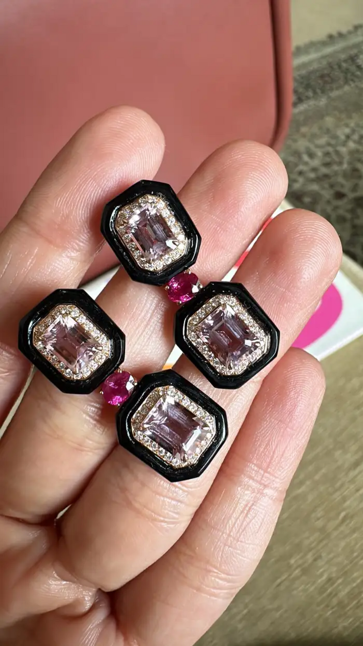 4.79 Ct. Morganite Gemstone Dangle Earrings - Solid 18k Rose Gold Diamond Wedding Earring - Natural Ruby Gemstone & Black Onyx Women Jewelry