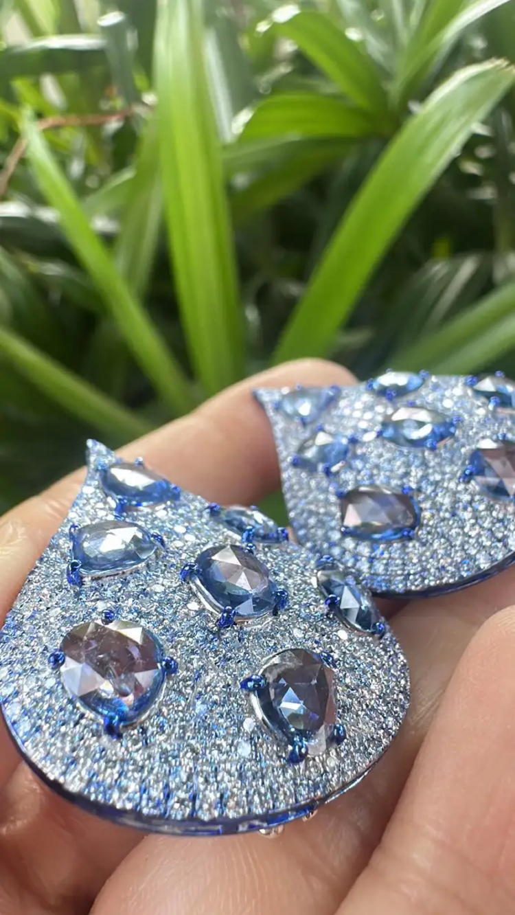 18k White Gold Diamond Earrings With Blue Rhodium - Natural Blue Sapphire Gemstone Earrings