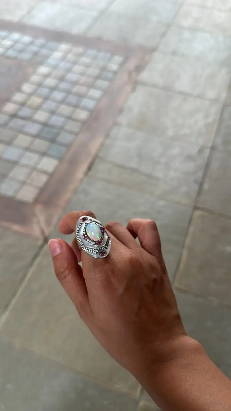 Ethiopian Opal, Mother Of Pearl & Pink Sapphire Cocktail Ring - 18k White Gold Diamond Statement Ring