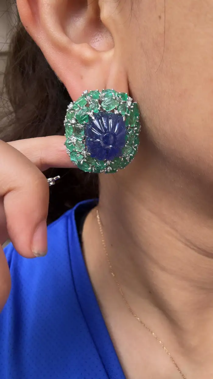 18k White Gold Diamond Stud Earrings - Hand Carved Tanzanite & Zambian Emerald Earrings
