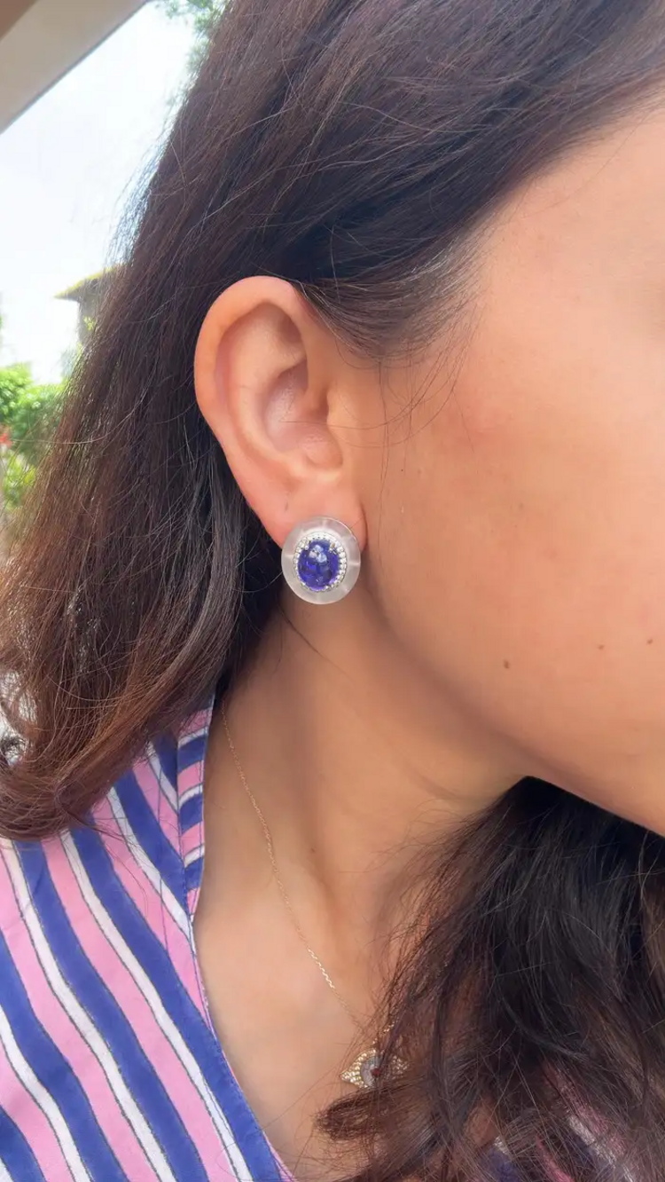 Set in 18K Gold, Tanzanite Cabochon, Rock Crystal & Diamonds Stud Earrings