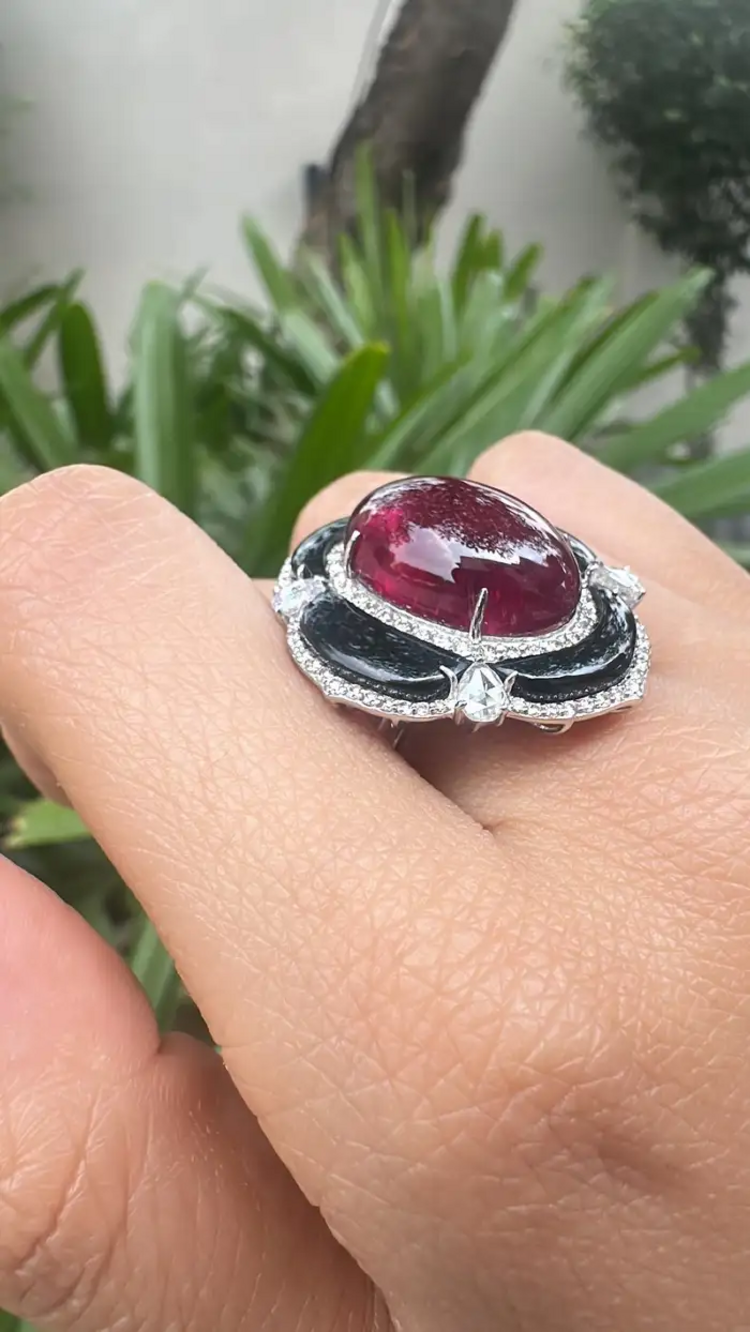 Natural Tourmaline & Black Onyx Cocktail Ring - 18k White Gold Diamond Handmade Ring