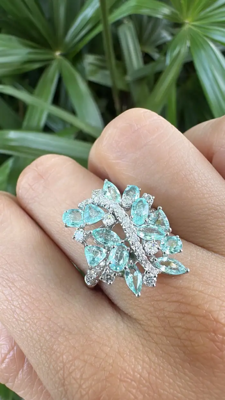 Natural Paraiba Tourmaline & Diamond Wedding Ring - 18k White Gold Engagement Ring