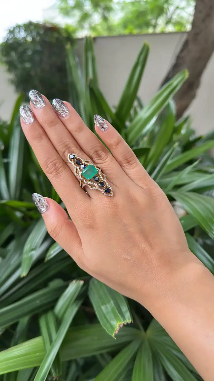 18k Yellow Gold Diamond Handmade Ring - Natural Colombian Emerald & Blue Sapphire Cocktail Ring