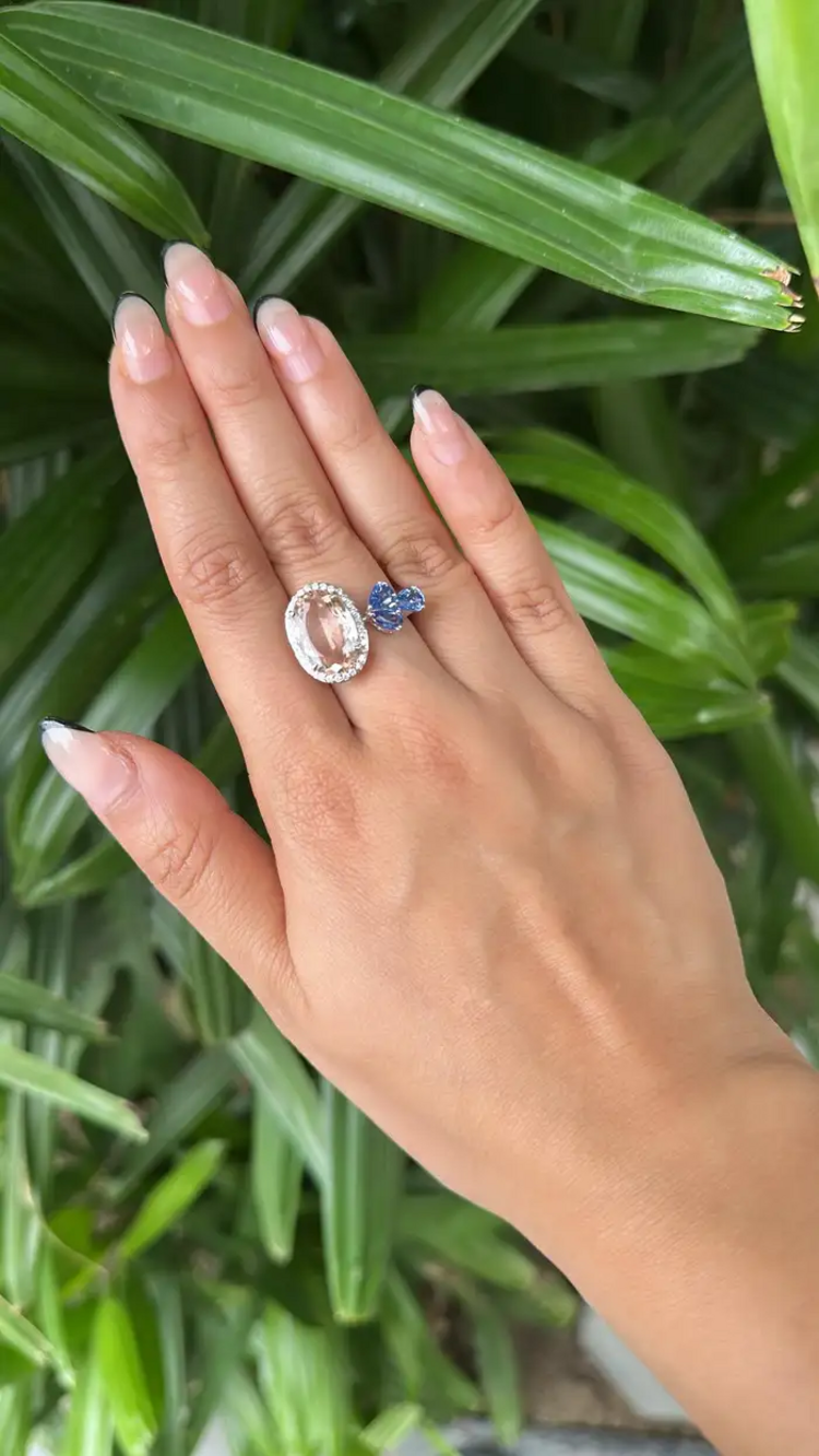 Natural Morganite, Blue Sapphire & Diamond Cocktail Ring - 18k White Gold Diamond Ring