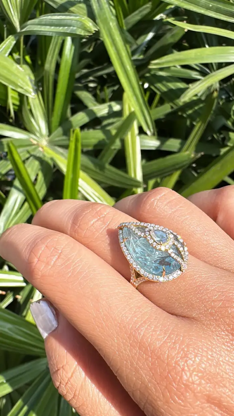 18k Yellow Gold Handmade Statement Ring - Natural Aquamarine & Rose Cut Diamonds Cocktail Ring