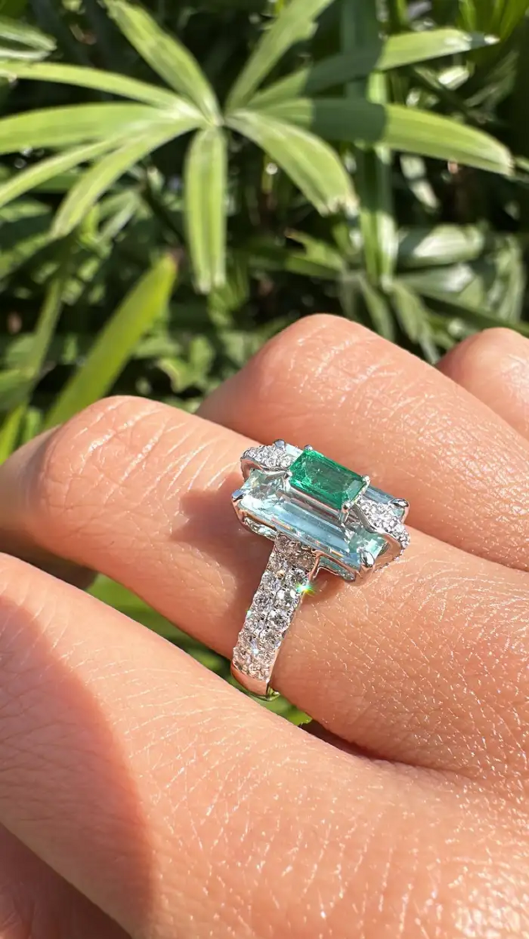Natural Aquamarine & Zambian Emerald Engagement Ring - 18k White Gold Handmade Ring