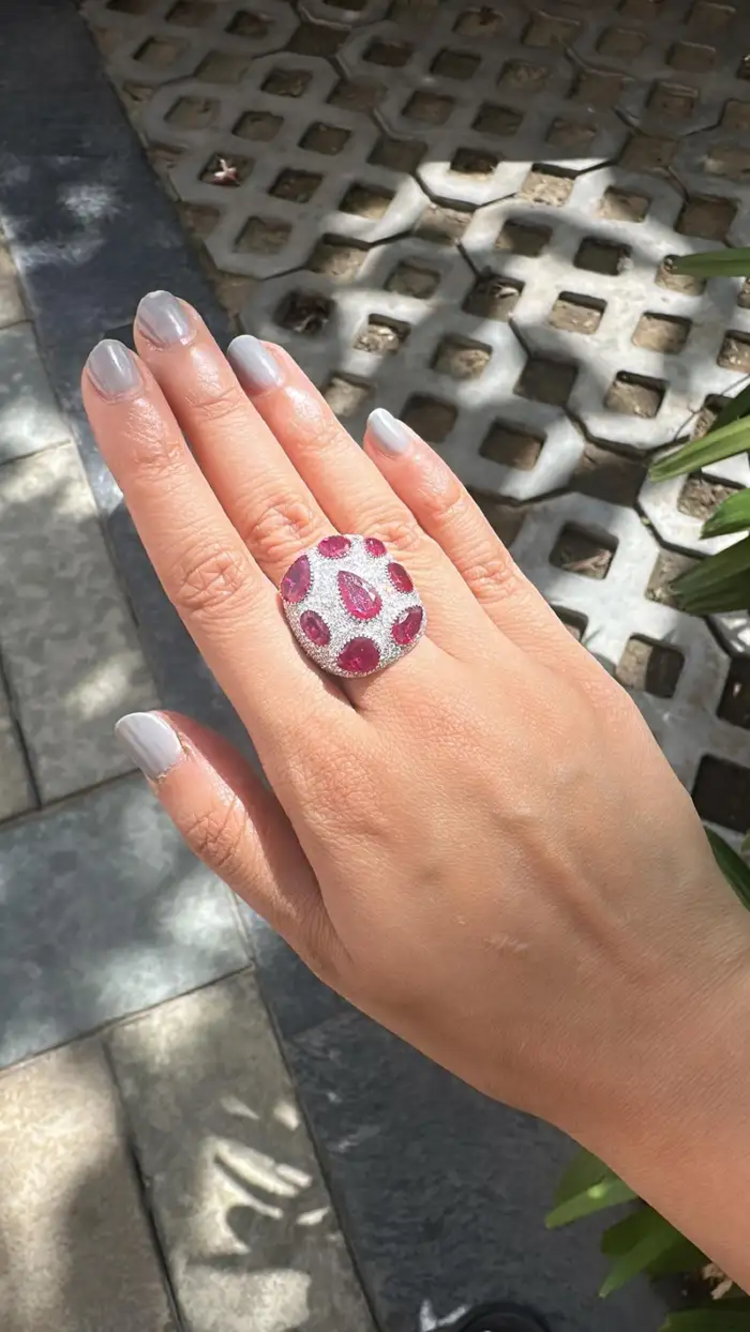 Natural Mozambique Ruby & Diamond Dome Ring - 18k White Gold Handmade Statement Ring