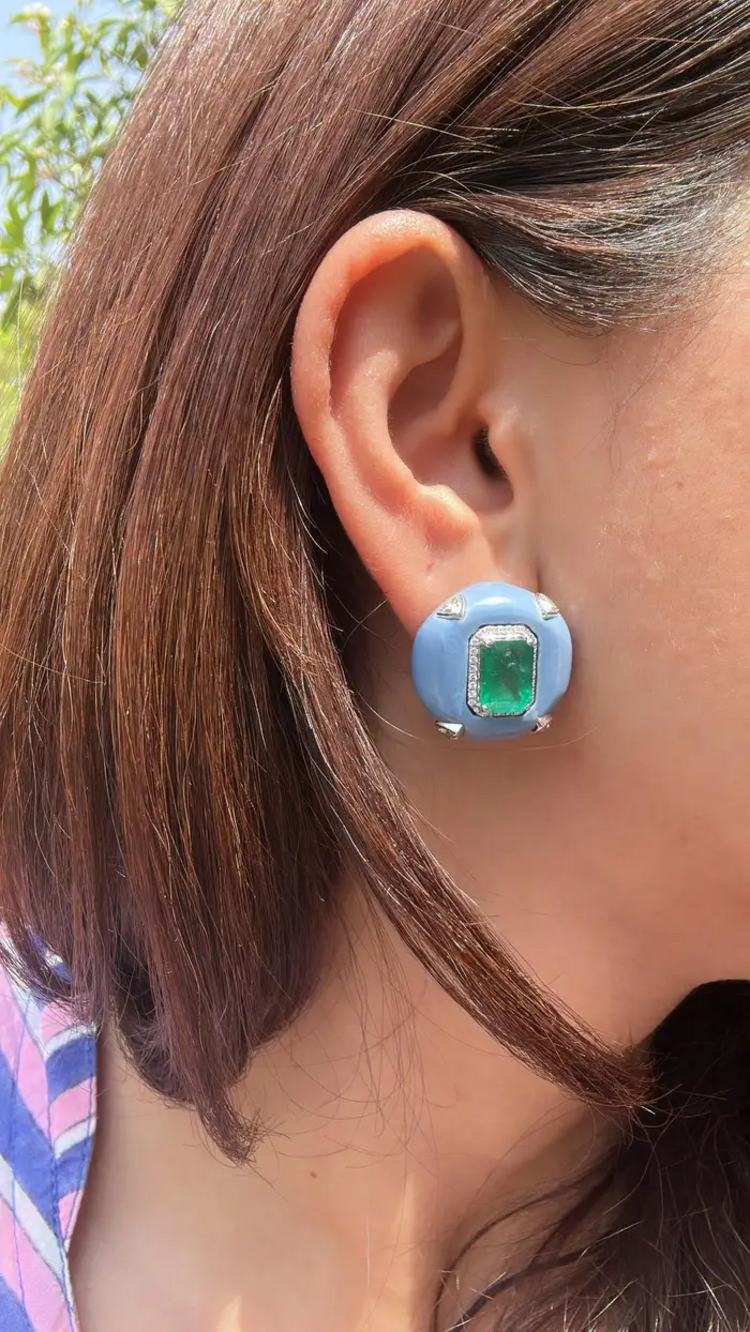 Natural Zambian Emerald & Blue Opal Stud Earrings - 18k White Gold Diamond Earrings