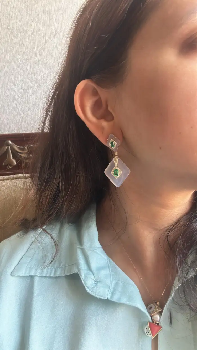 18k Yellow Gold Dangle Earrings - Natural Emerald & Rock Crystal Statement Earrings - Gold Diamond Women Earrings